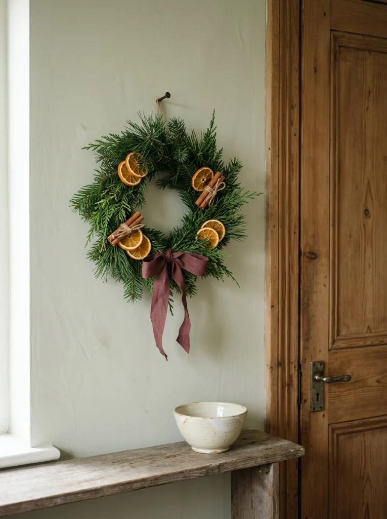 Evergreen Christmas wreath with dried oranges and burgundy ribbon decorating a kitchen wall.