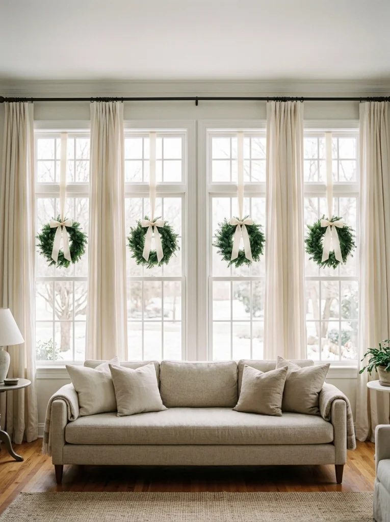 Matching evergreen wreaths with ivory ribbons decorating tall windows in an elegant Christmas living room.