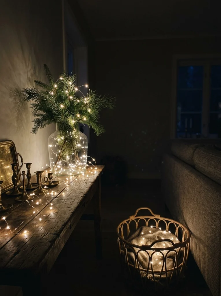 Warm Christmas living room lighting with fairy lights, evergreen branches, and a woven basket beside the sofa.