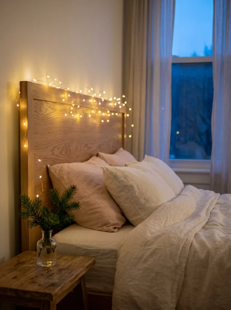 Warm fairy lights around a headboard create dreamy Christmas bedroom lighting.