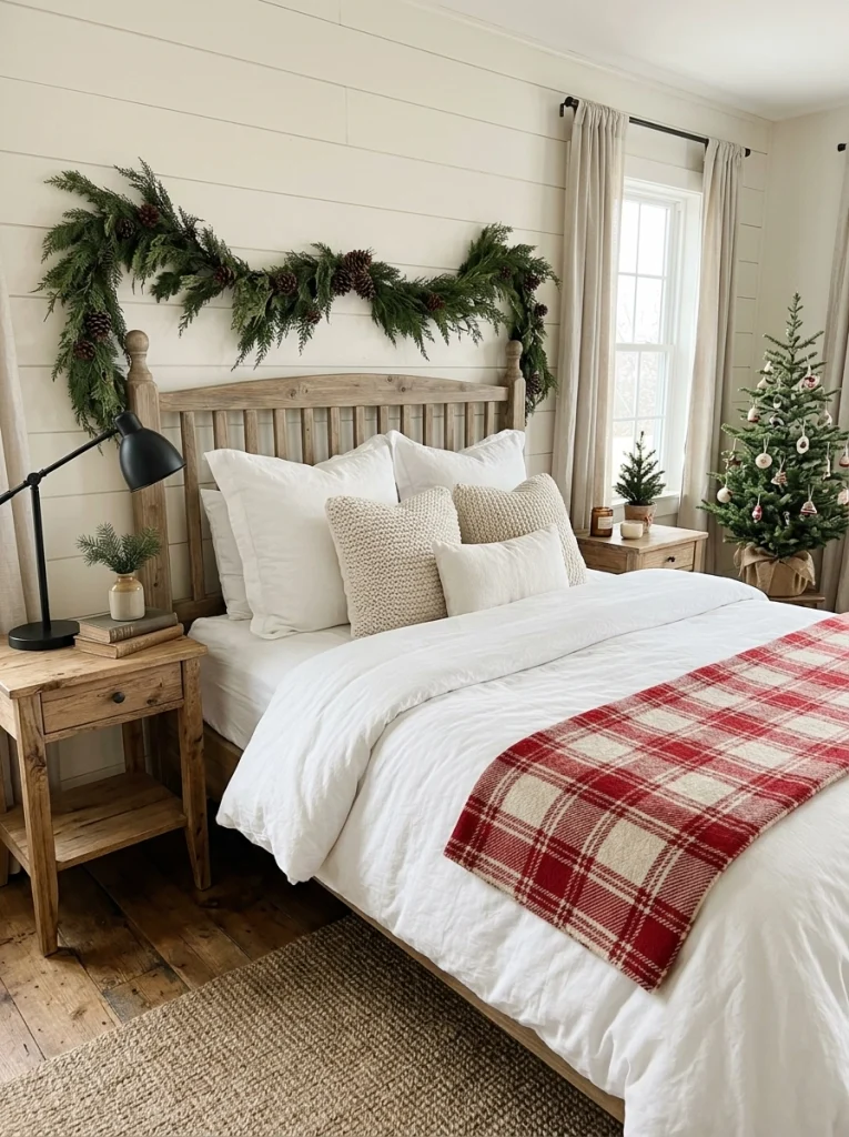 A red-and-cream plaid throw gives a neutral bedroom a cozy Christmas farmhouse look.