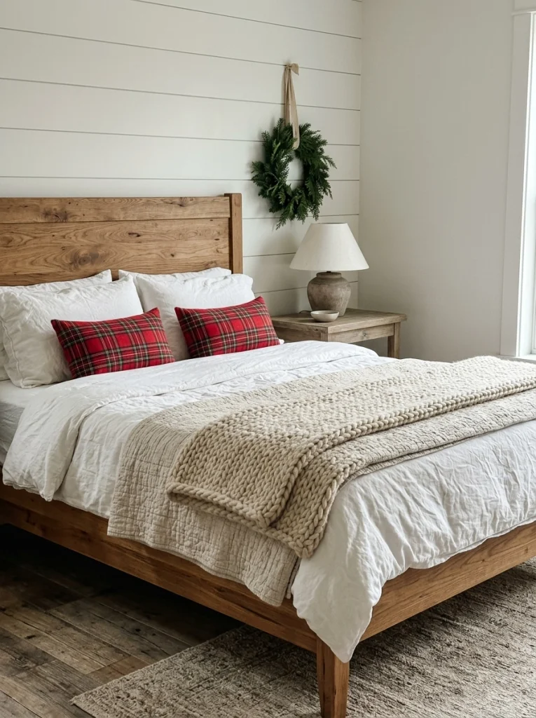 Farmhouse Christmas bedroom decor with white bedding, red plaid pillows, and cozy neutral blankets.