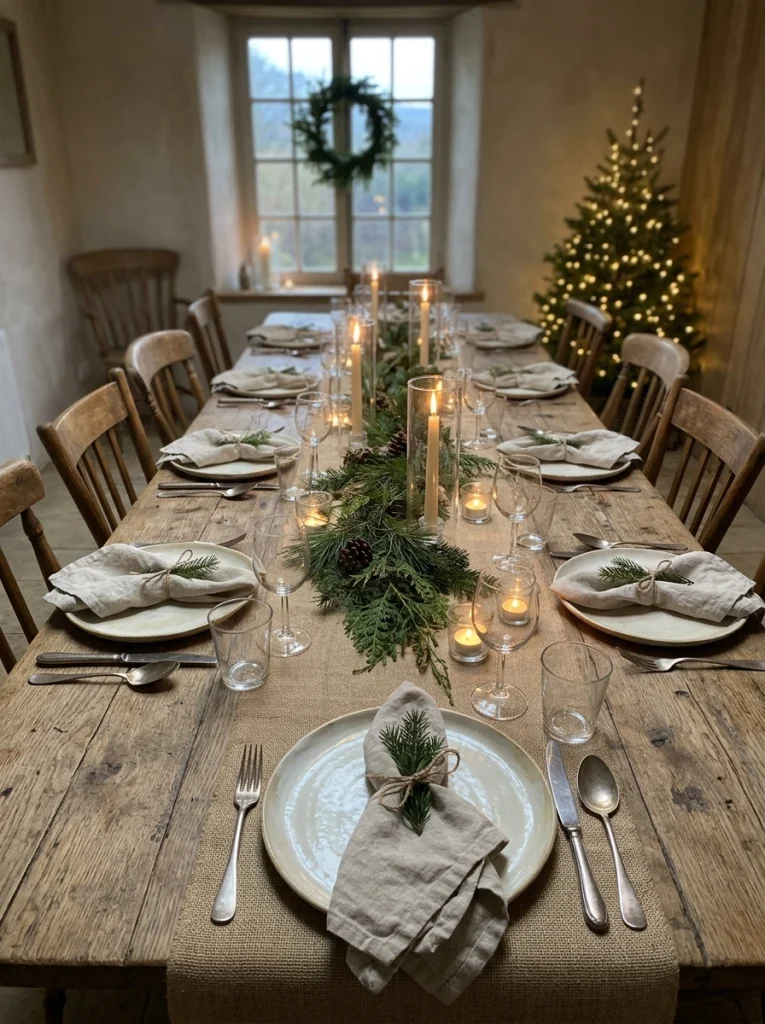 Rustic farmhouse Christmas dining table decorated with burlap, evergreen branches, and neutral tableware.