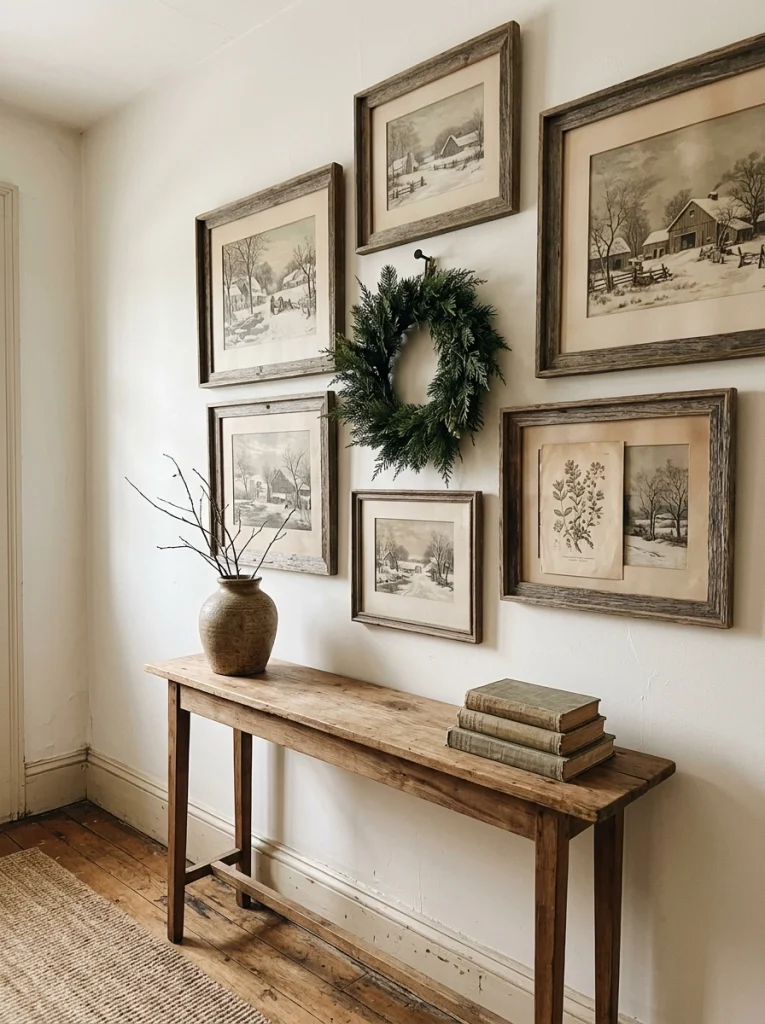 Farmhouse Christmas wall decor with vintage frames, winter landscapes, and natural wood accents.