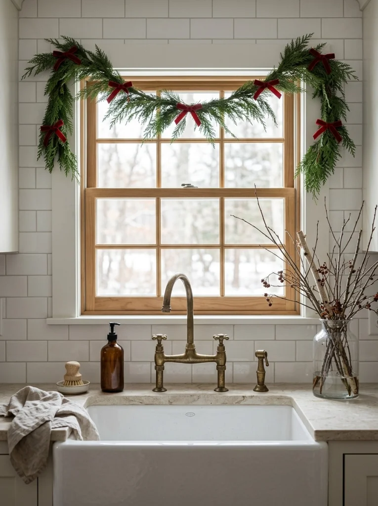 Short evergreen Christmas garland with red bows above a farmhouse kitchen sink.