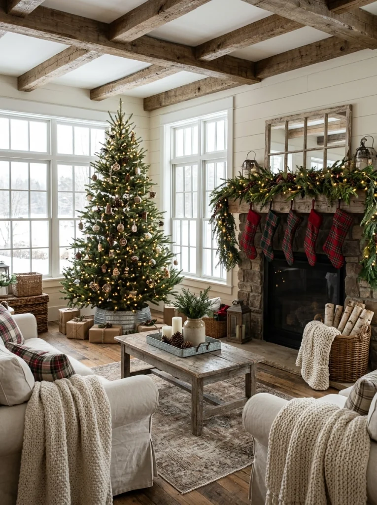 Farmhouse Christmas home decor featuring a rustic Christmas tree, cozy plaid textiles, natural wood, and warm holiday lighting.