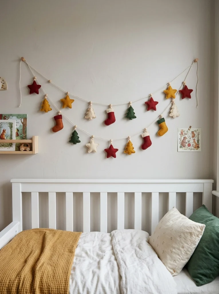 Colorful felt Christmas garland decorating the wall above a child's bed.