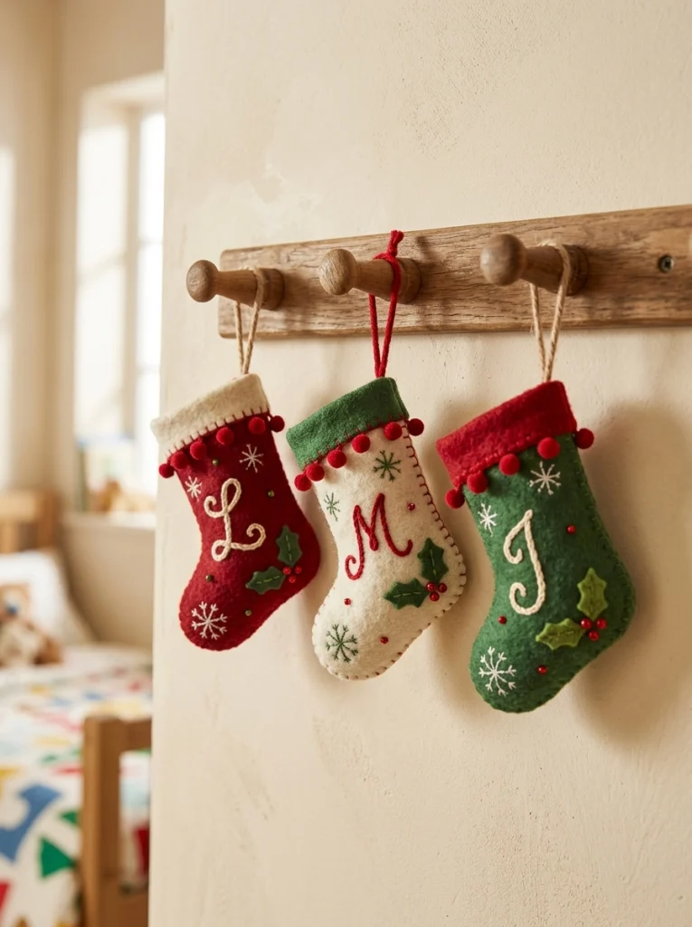 Personalized felt stockings adding a handmade Christmas touch to a child's bedroom wall.