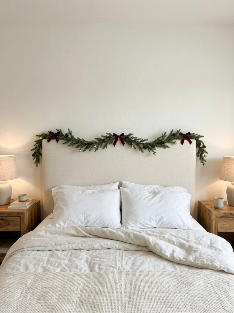 Ribbon and greenery create an affordable DIY Christmas headboard decoration.