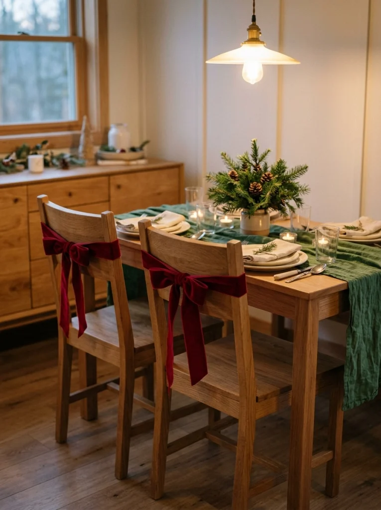 Red velvet bows on dining chairs create an affordable traditional Christmas dining room look.