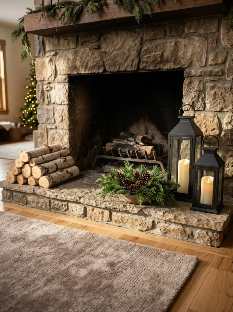 Christmas fireplace decor with black lanterns, flameless candles, evergreen branches, and neatly stacked logs.