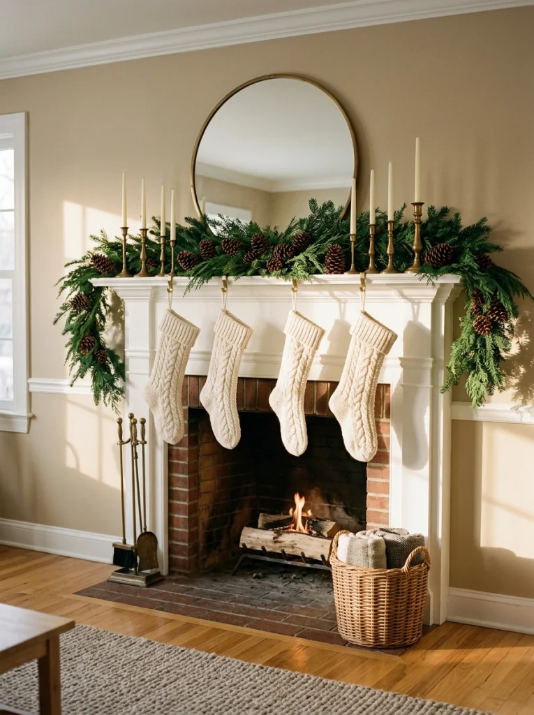 Christmas home decor ideas for a fireplace mantel with evergreen garland, stockings, and brass accents.