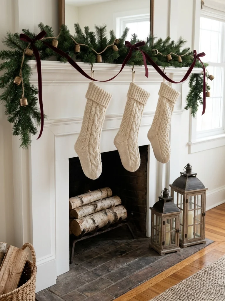 Affordable stockings and greenery create a classic Christmas mantel without expensive decorations.