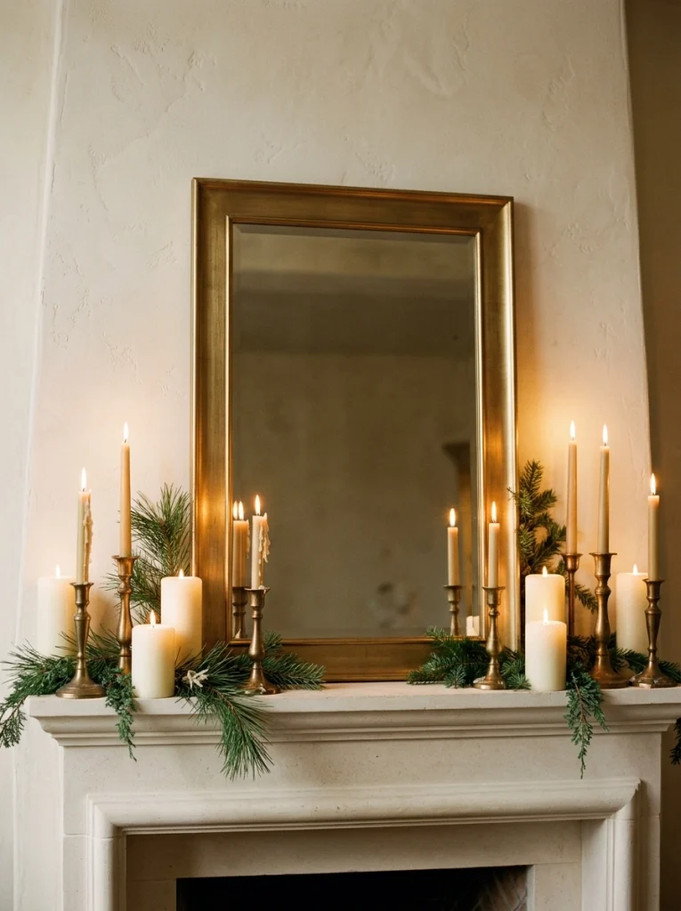A candlelit Christmas mantel with ivory candles, brass holders, and subtle evergreen accents.
