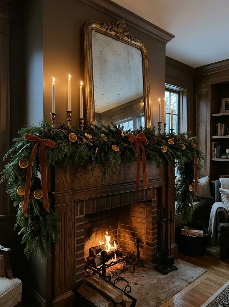 Christmas living room decor ideas featuring an evergreen mantel garland, brass candleholders, and a glowing fireplace.
