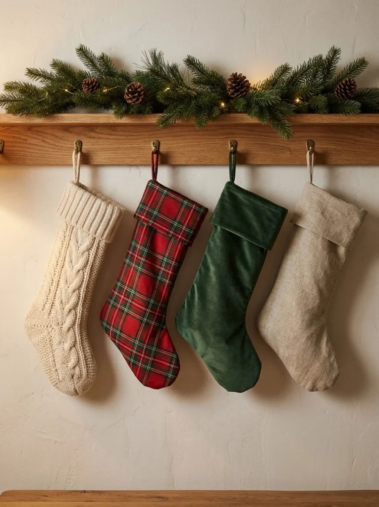 Christmas stocking decor with coordinated fabrics, an oak wall rail, and evergreen greenery.