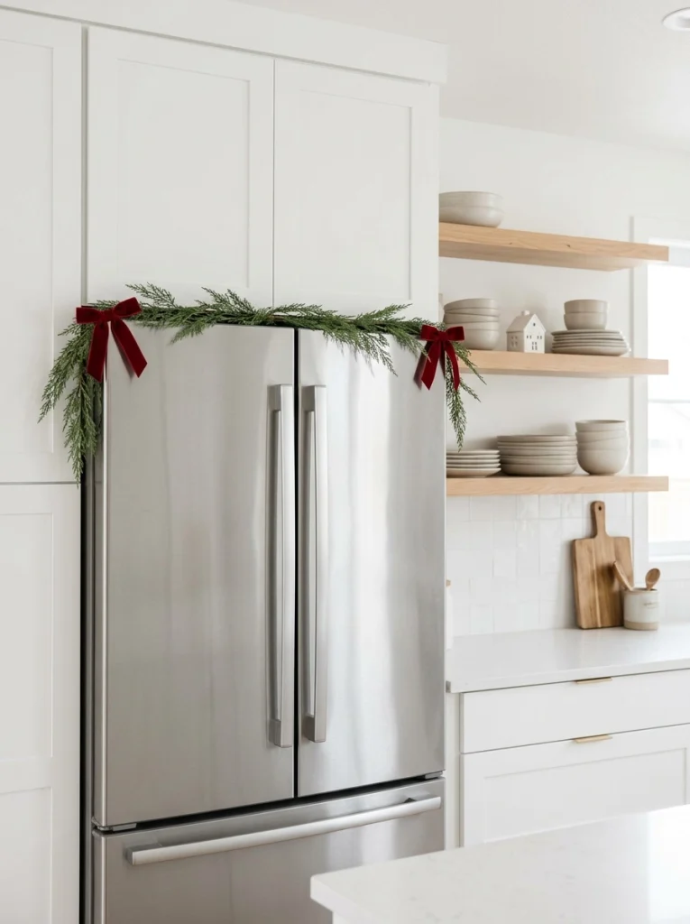 Slim evergreen garland with red bows decorating the upper edge of a stainless-steel refrigerator.