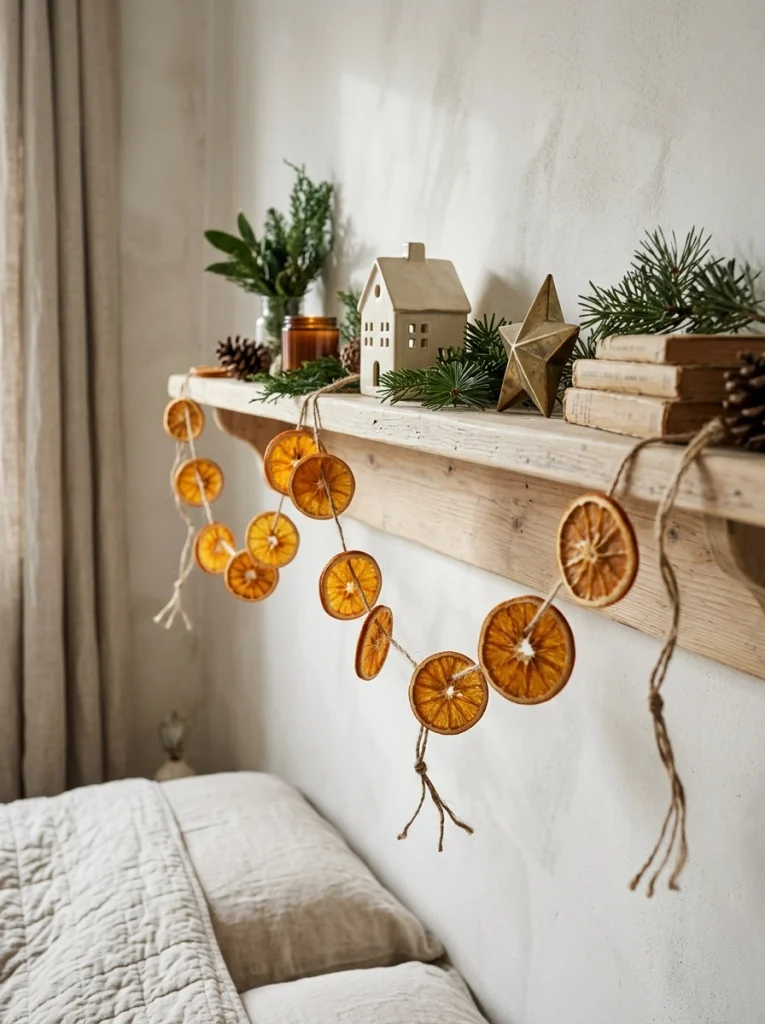 Dried orange slices and greenery create natural Christmas bedroom shelf decor.