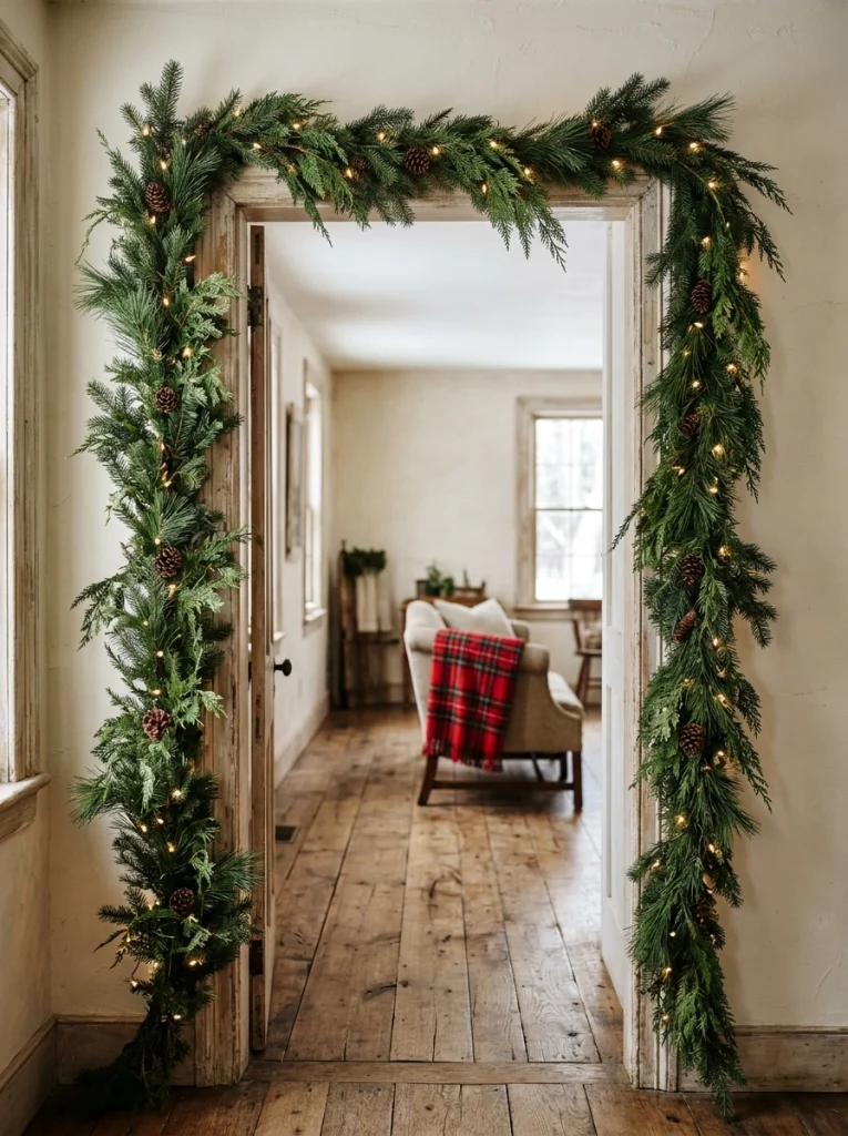 Farmhouse Christmas home decor with evergreen garland framing a doorway in a neutral interior.