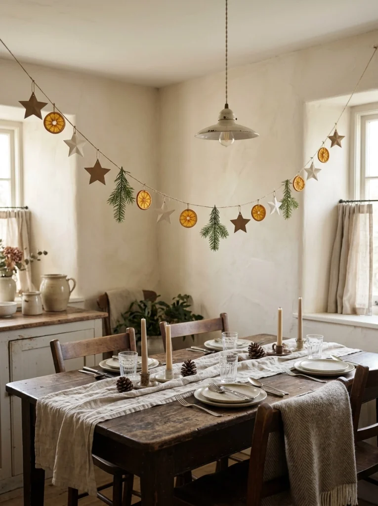 A handmade paper and greenery garland adds budget-friendly Christmas decor above a dining table.