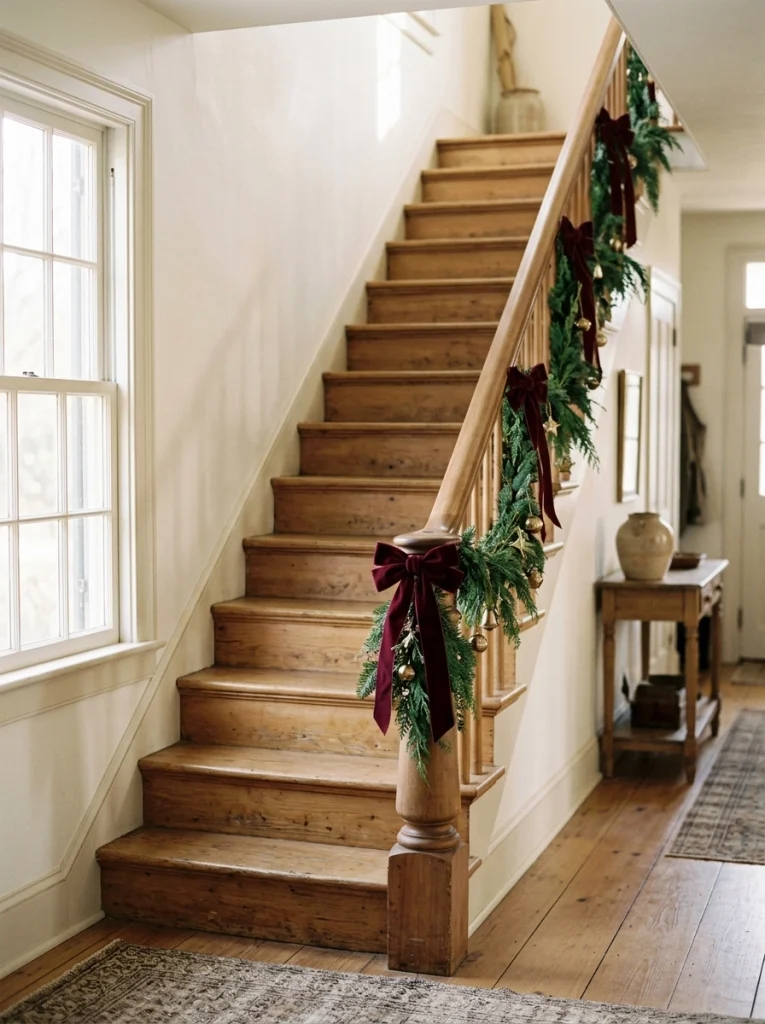 Christmas staircase decor with evergreen garland and burgundy velvet bows along a wooden banister.