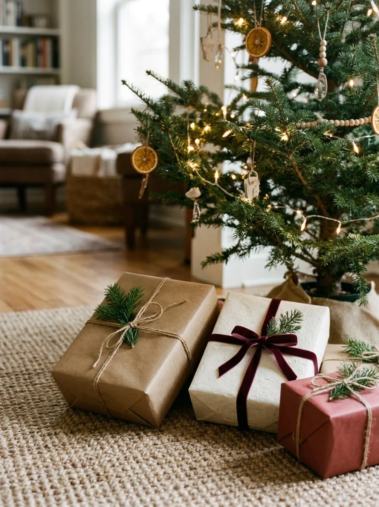 Kraft-paper gift boxes and ribbon create an affordable Christmas display beneath the tree.