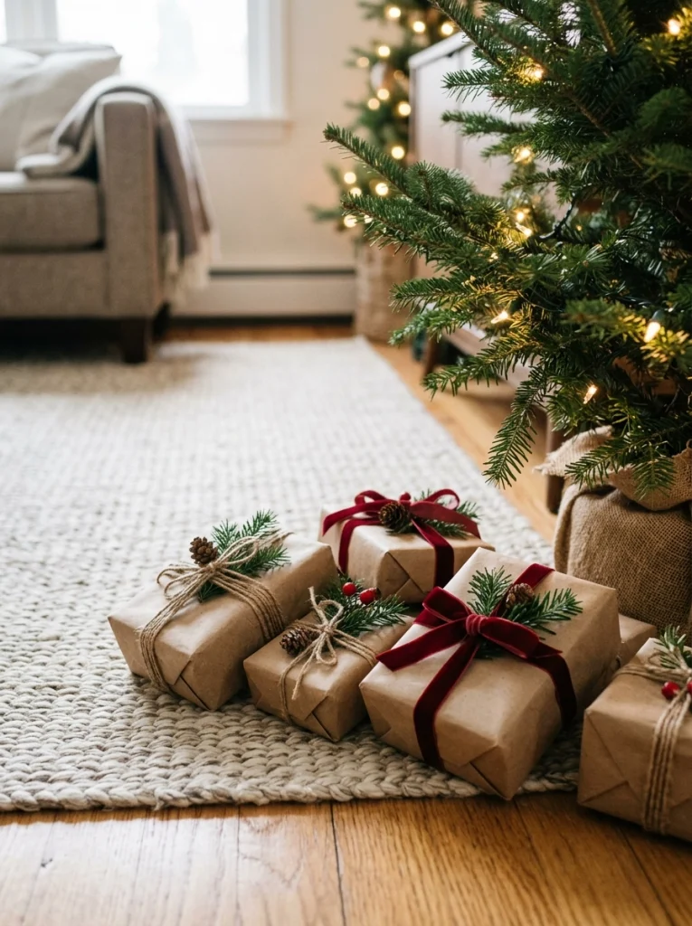 Budget Christmas gift wrapping with kraft paper, natural twine, red ribbon, and greenery to coordinate with home decor.