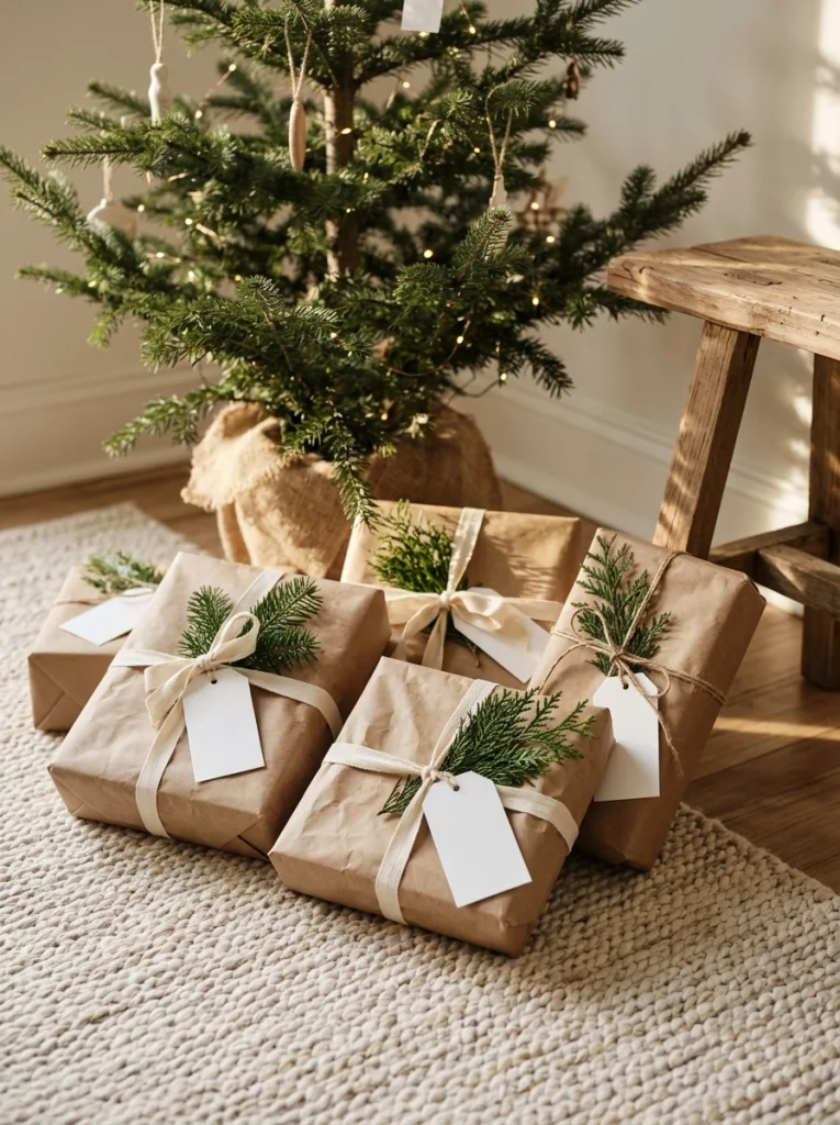 Minimalist Christmas gift wrapping with kraft paper, ivory ribbon, and evergreen sprigs.