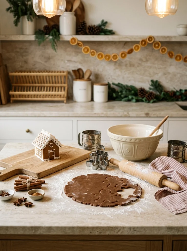 Gingerbread-themed Christmas kitchen decor with cookie cutters, baking tools, and a miniature gingerbread house.