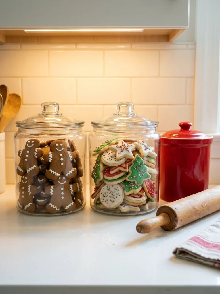 Glass cookie jars with homemade Christmas cookies styled on a festive kitchen countertop.