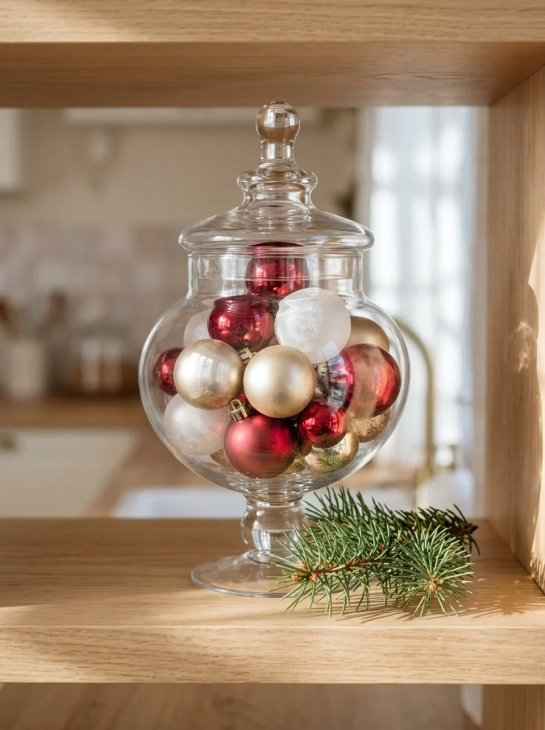 Clear glass jar filled with red, gold, and white ornaments for simple Christmas kitchen decorating.