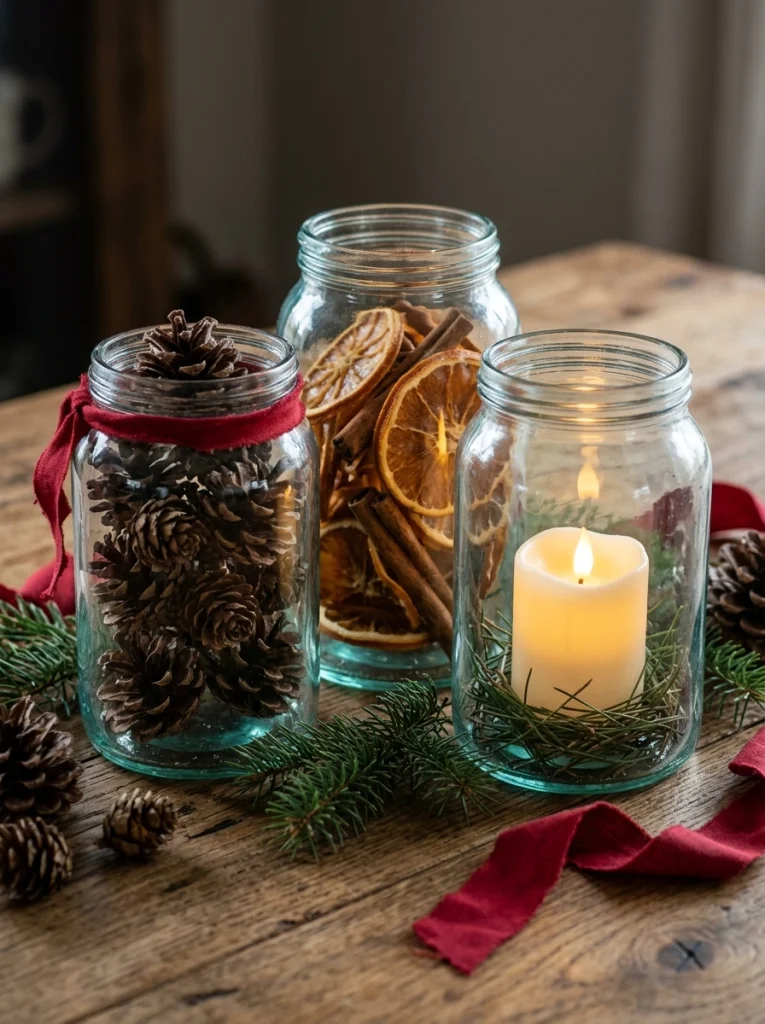 An inexpensive DIY Christmas centerpiece made with recycled glass jars, pinecones, and natural greenery.