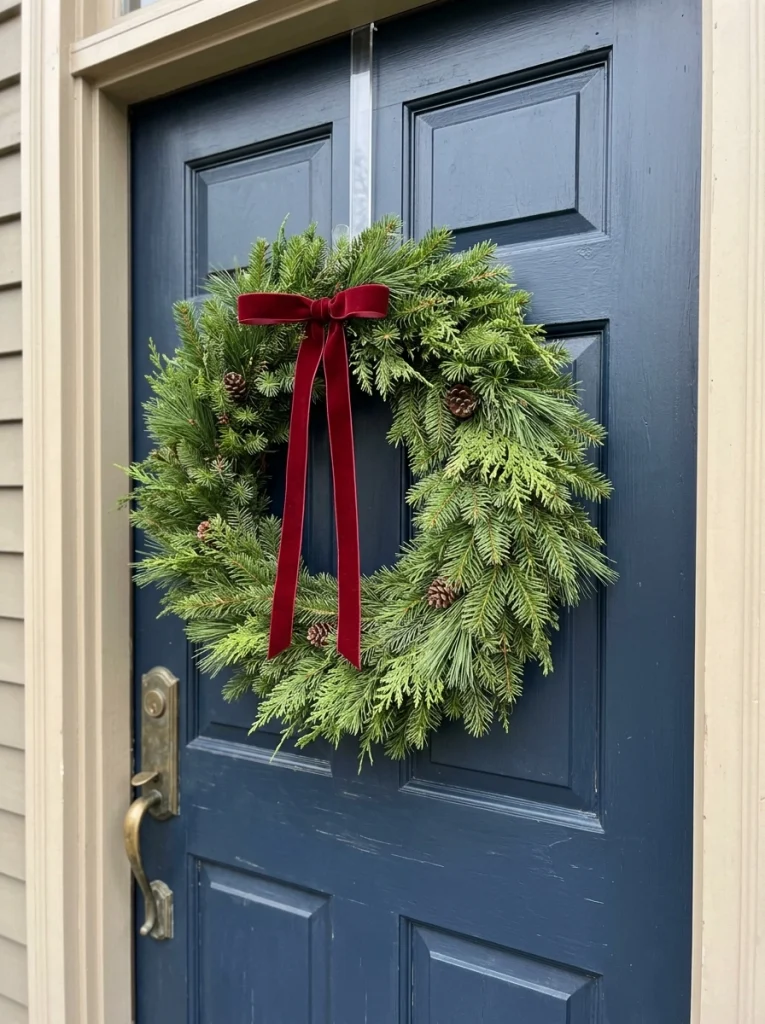 Hanging an evergreen Christmas wreath on a front door with a damage-free over-door hanger.