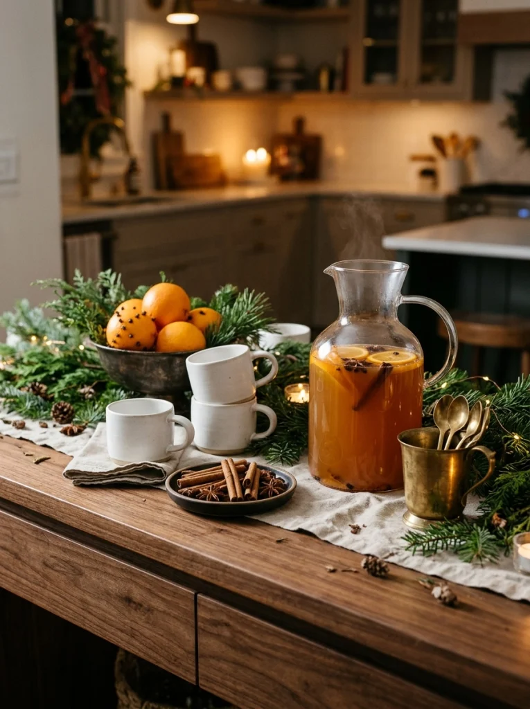 An elegant Christmas beverage station with ceramic mugs, citrus, evergreen, and brass accessories.