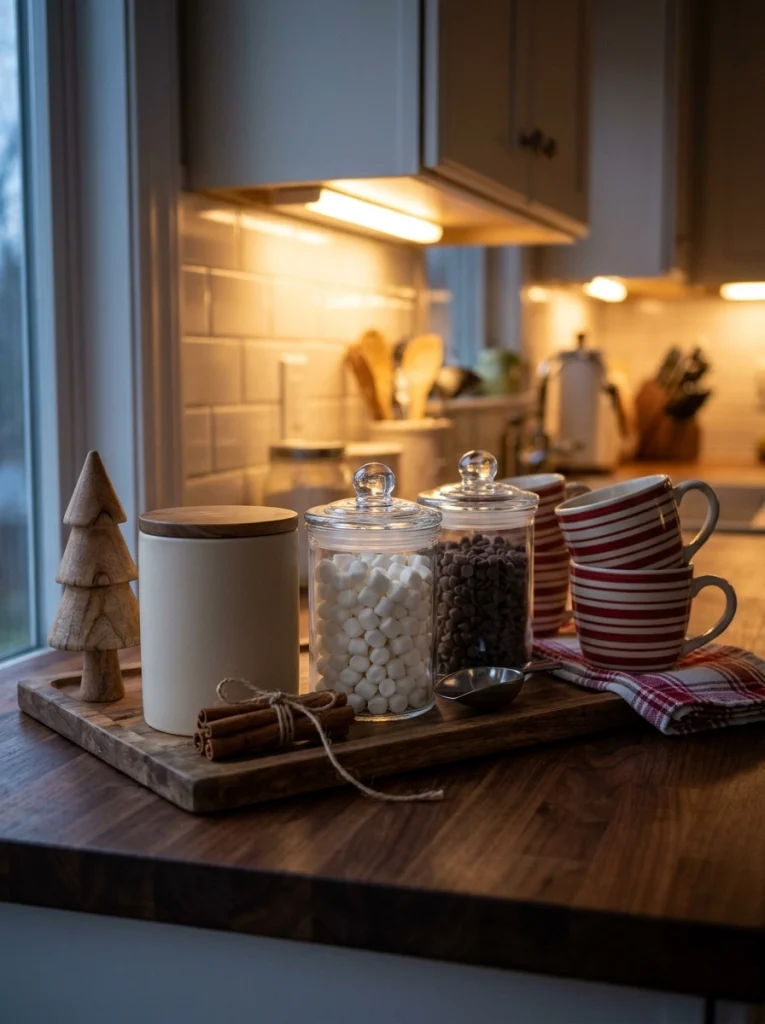  Christmas hot cocoa station with red mugs, marshmallows, cocoa jars, and wooden holiday accents.