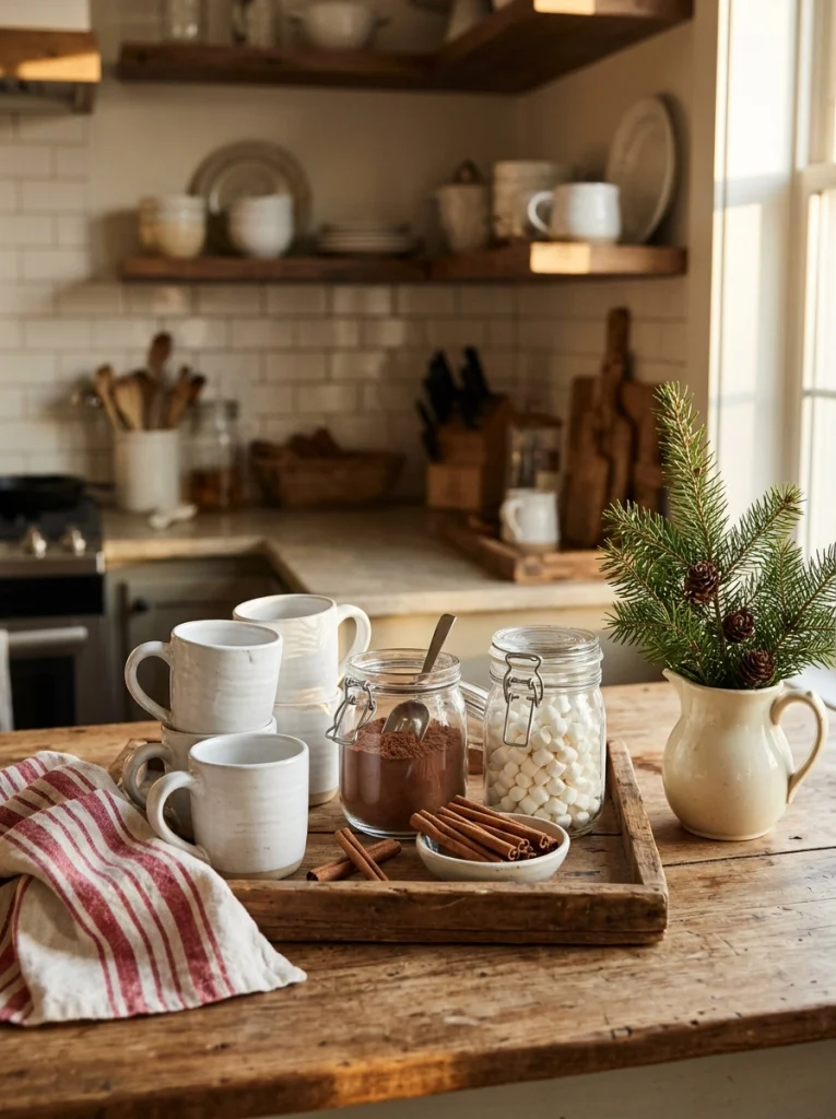 Farmhouse Christmas kitchen decor featuring a wooden hot cocoa station with mugs and glass ingredient jars.