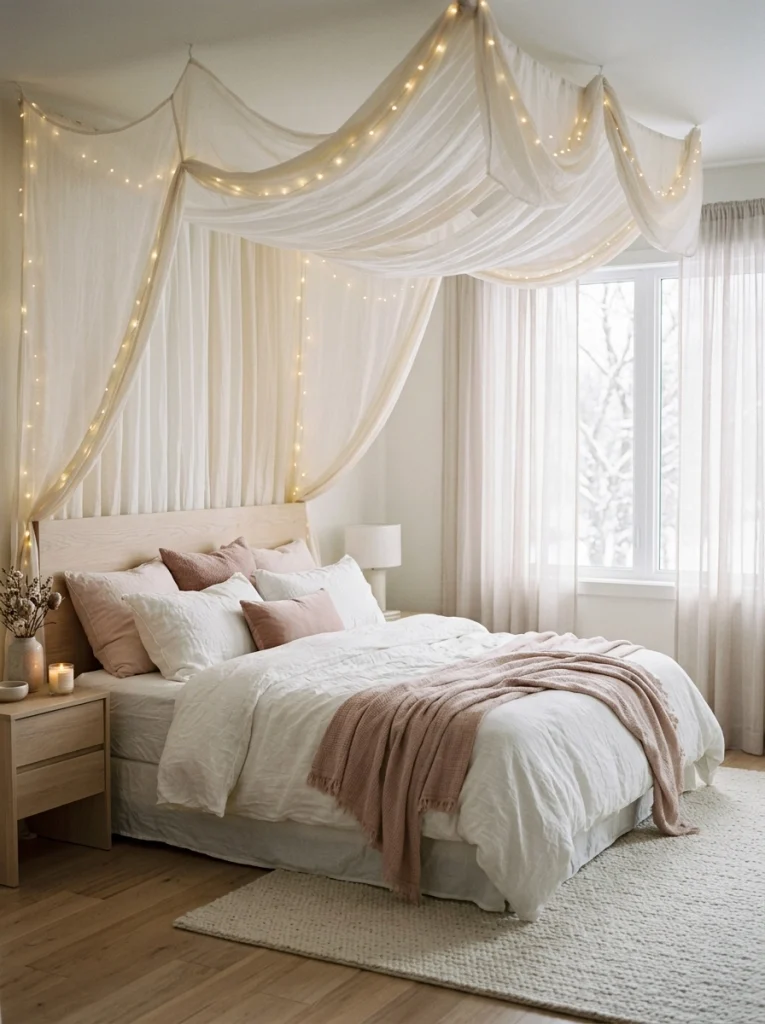 Sheer fabric and warm fairy lights create a romantic Christmas canopy above a bedroom bed.