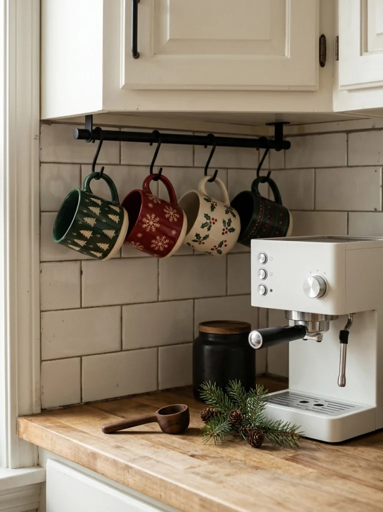 Festive Christmas mugs hanging beneath kitchen cabinets beside a coffee station.
