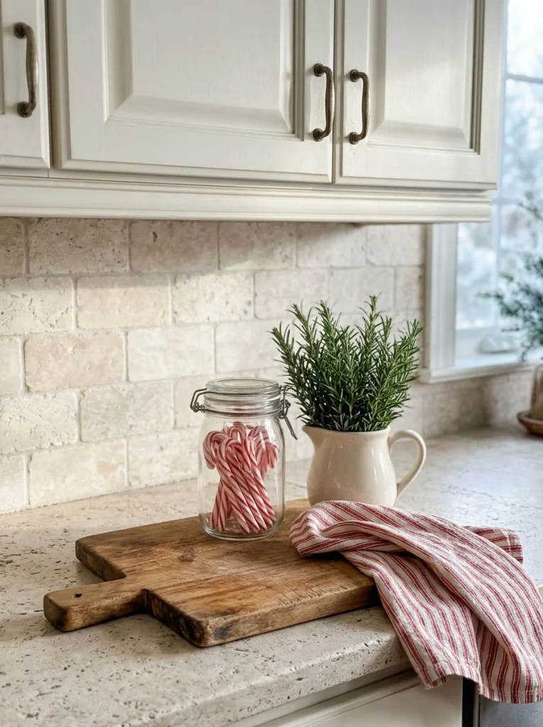 Christmas kitchen counter decor with rosemary branches, candy canes, and a wooden cutting board.