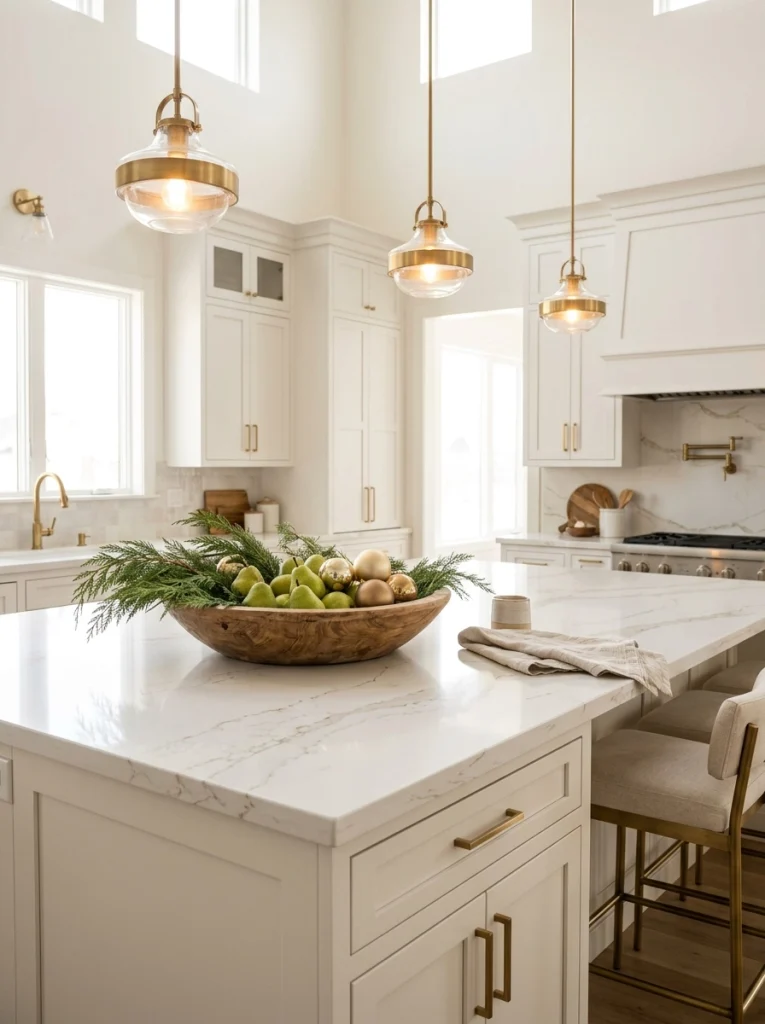 An elegant Christmas kitchen island with a wooden bowl, evergreen branches, and subtle gold accents.