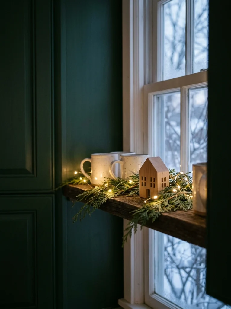 Warm fairy lights woven through evergreen greenery on a Christmas kitchen shelf.