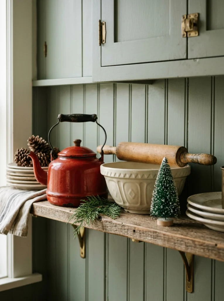 Vintage Christmas kitchen styling with a red enamel kettle, wooden rolling pin, and bottle-brush tree.