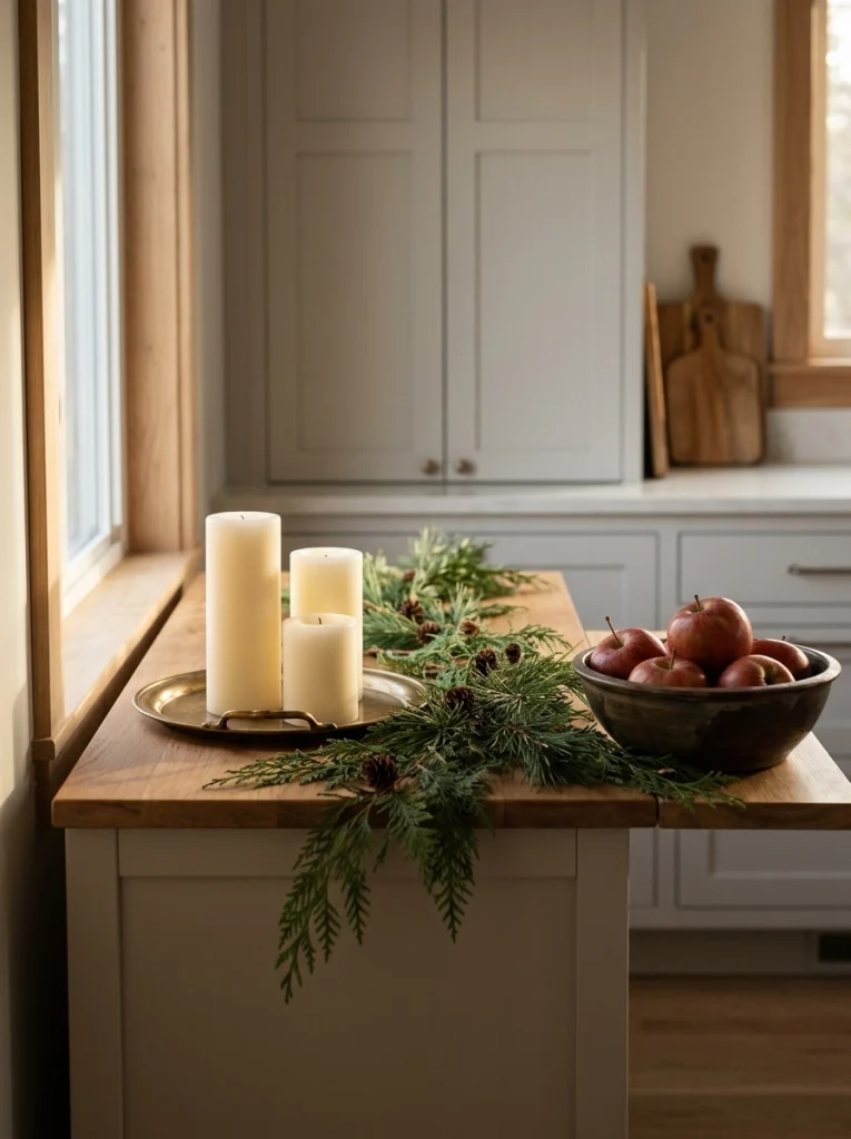Ivory pillar candles and evergreen accents decorating a kitchen sideboard for Christmas.