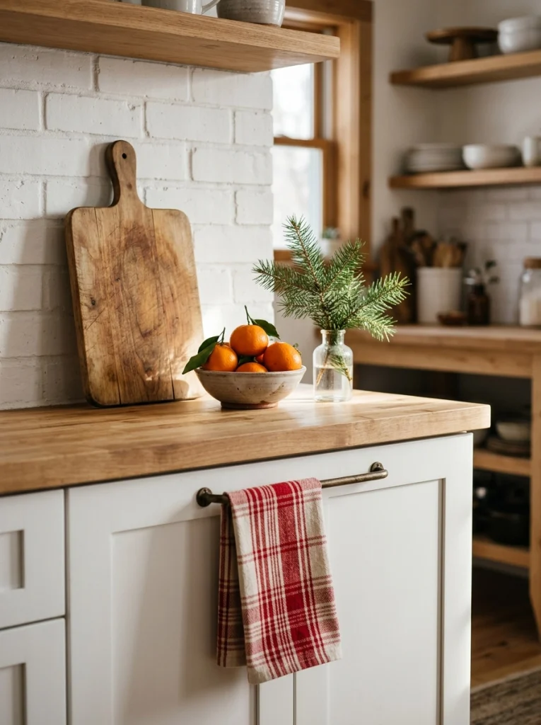 A seasonal Christmas tea towel adds affordable holiday color to a simple kitchen.