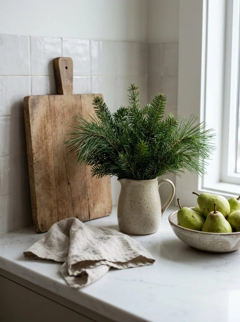 Simple Christmas kitchen decor with evergreen branches, wood, linen, and understated natural colors.