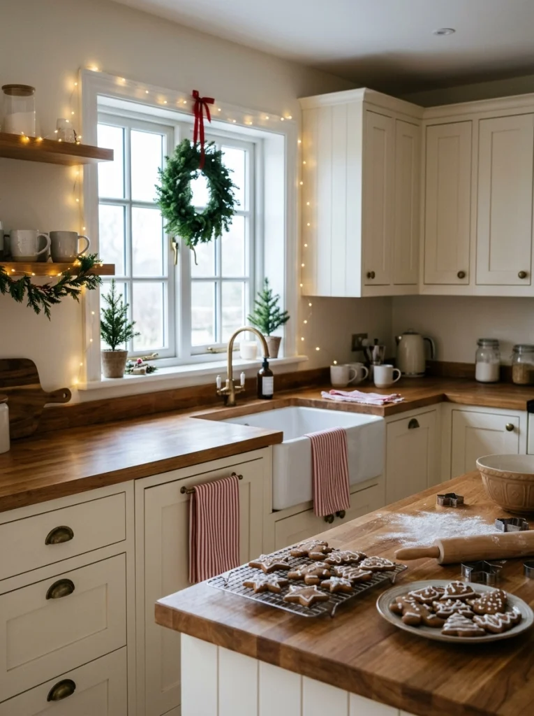 Cozy Christmas kitchen decor ideas with evergreen wreaths, festive towels, and warm holiday lighting.