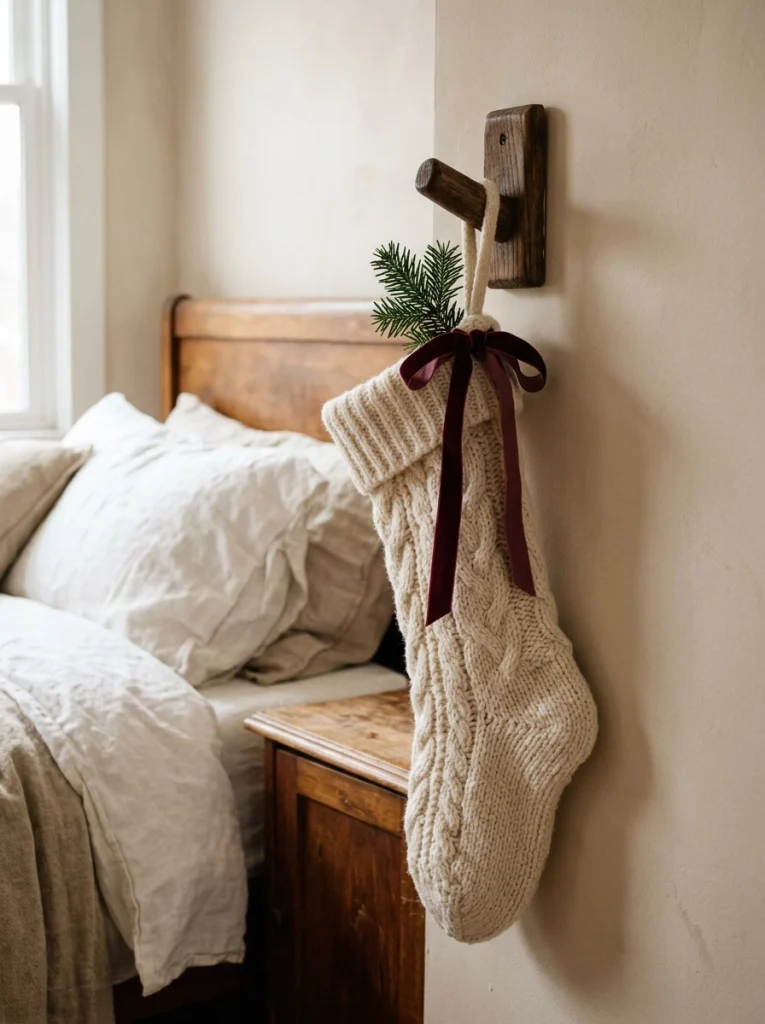 A knitted Christmas stocking beside the bed adds a traditional holiday accent to the bedroom.