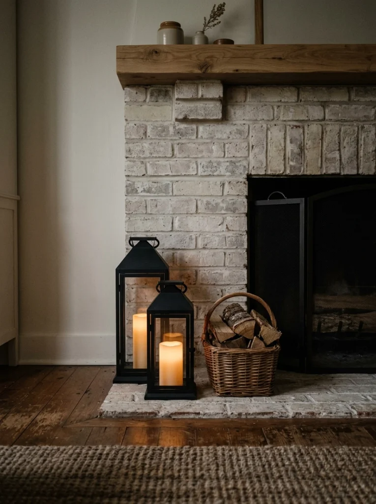 Farmhouse Christmas fireplace decor with black metal lanterns and warm candle-like lighting.
