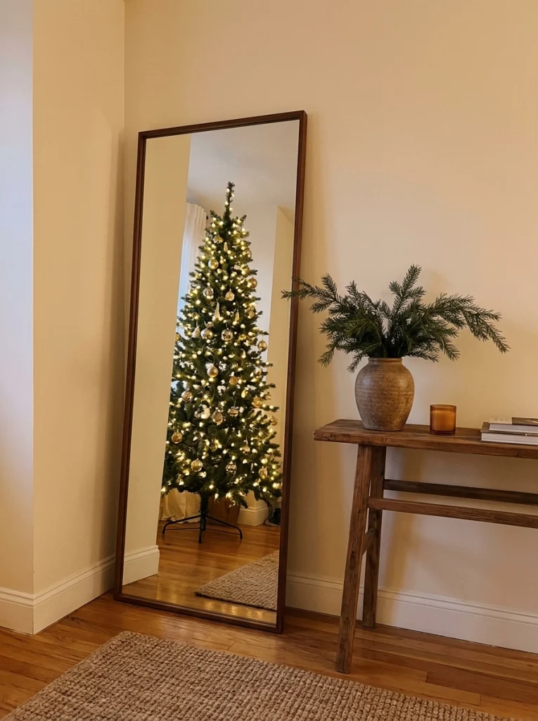A mirror reflects Christmas tree lights to make a small apartment living room feel brighter.