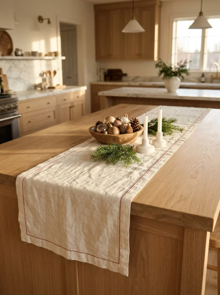 Cream and red Christmas table runner decorating a wooden kitchen island with greenery and ornaments.